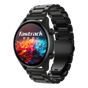 fastrack astor fr2 pro 1.43" amoled stainless steel smart watch with spo2, heart rate, bt calling, adaptive aod, functional crown, ai voice assistant