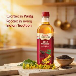 fortune premio cold pressed mustard oil 1l bottle | rajasthan mustard seeds | rich in omega 3 & 6 (pufa) | natural antioxidants | strong aroma | ideal for frying & pickles
